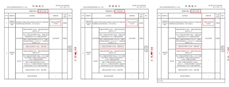 調光燈具在三種不同亮度的檢查報告結果