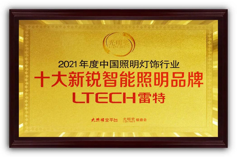 2021年度中國照明燈飾行業十大新銳智能照明品牌牌匾