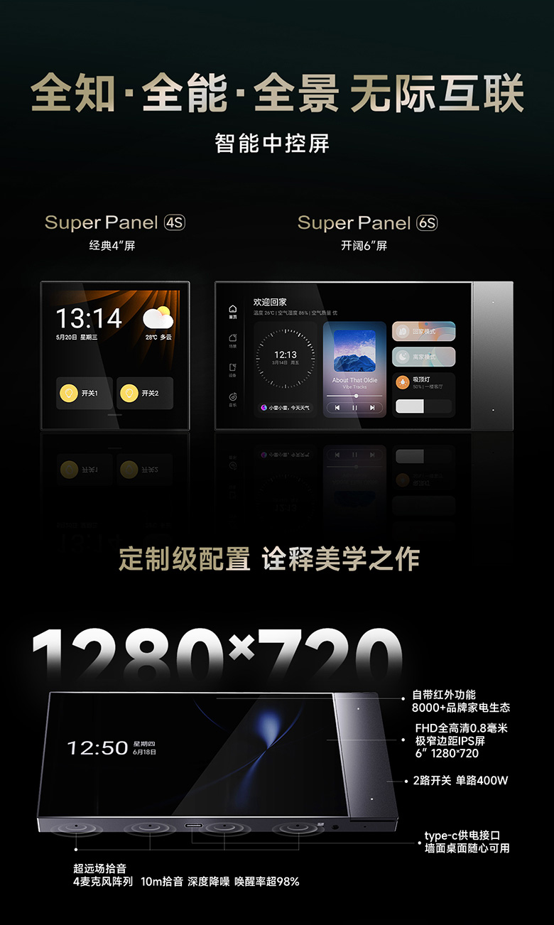 雷特智能家居SUPER+系列產品之智能中控屏超級面板6S+超級面板4S